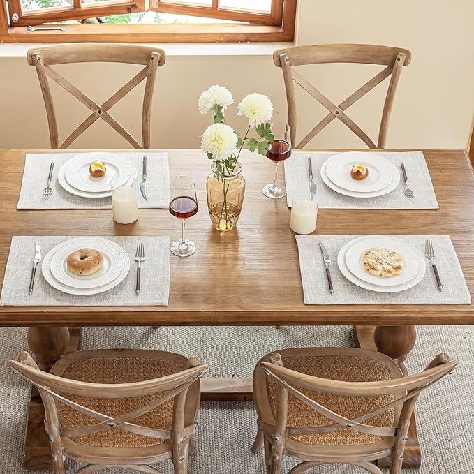 Blue Forest Placemats Set of 6, Dual-Layered Thickened Faux Linen Cloth Place Mats Heat Resistant Machine Washable Wrinkle Free Table Mats Indoor/Outdoor (CreamBeige)