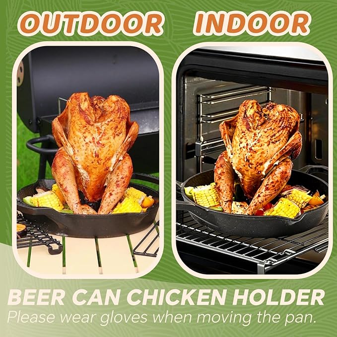 Cast Iron Chicken Roaster, Pre-Seasoned Vertical Poultry Roaster with Drip Pan, Beer Can Chicken Holder for Grill, Oven & Smoker
