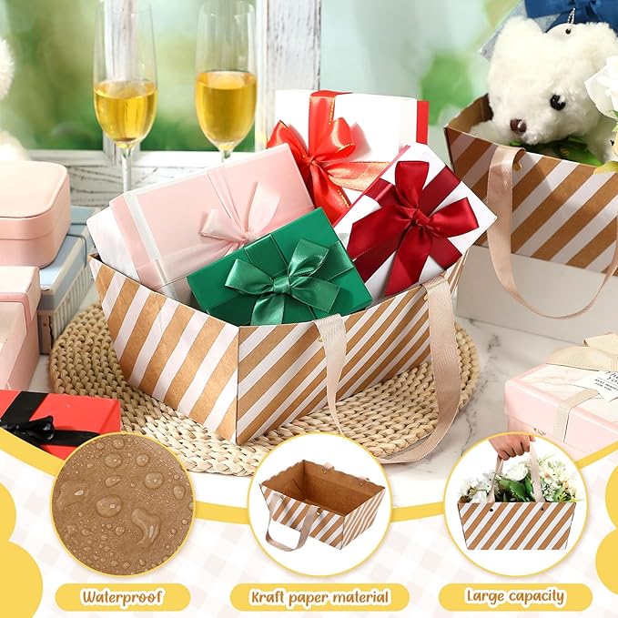 Pinkunn 48 Pcs Basket for Gifts Empty DIY Bulk Party Gift Basket Kit with Handles Market Trays for Packages Wrapping Wedding Party Anniversary Display(Brown, Beige,Stripes)