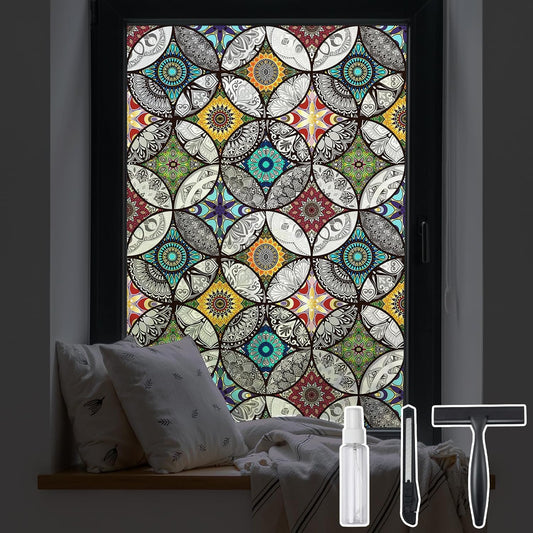 DKTIE Boho Chic Window Privacy Film with Installation Tools - Soften Light, Reduce UV Rays, Decorative Stained Glass Window Tinting Film for Home, 35.4 x 78.7Inch