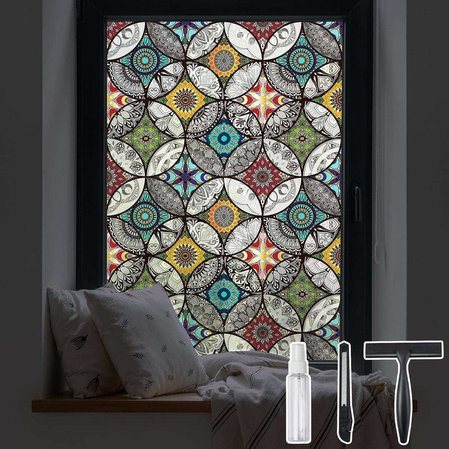 DKTIE Boho Chic Window Privacy Film with Installation Tools - Soften Light, Reduce UV Rays, Decorative Stained Glass Window Tinting Film for Home, Window Clings, 17.7 x 118.1 Inch