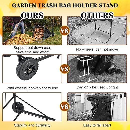 Trash Bag Holder with Wheels, Adjustable Metal Leaf Bag Holder with 4 Clips, Heavy Duty Outdoor Mobile Garbage Bags Cart, Lawn Garbage Bag Stand Holds 35-45 Gallon for Lawn Leaves, Camping, Weeding