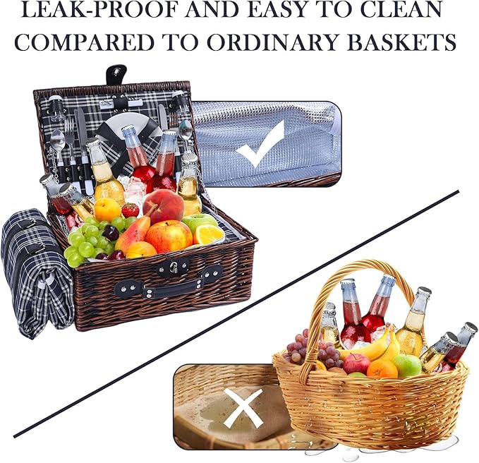 Neti Neti Wicker Picnic Basket for 4 with Insulated Cooler & Waterproof Blanket – Large Willow Picnic Hamper for Outdoor, Camping, Beach, Romantic Dates, Valentine’s Day
