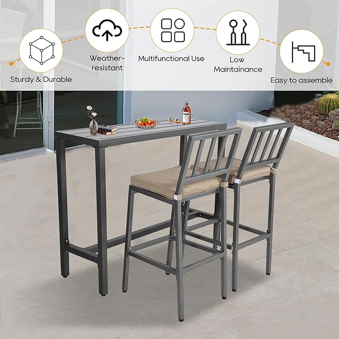 Outdoor Patio Bar Set, Bar Height Patio Dining Set, Weather-Resistant Bistro Counter Pub Set with Cushions & Slatted Tabletop for Backyard (Gray, 47" Table, 2 "I Style Stool)