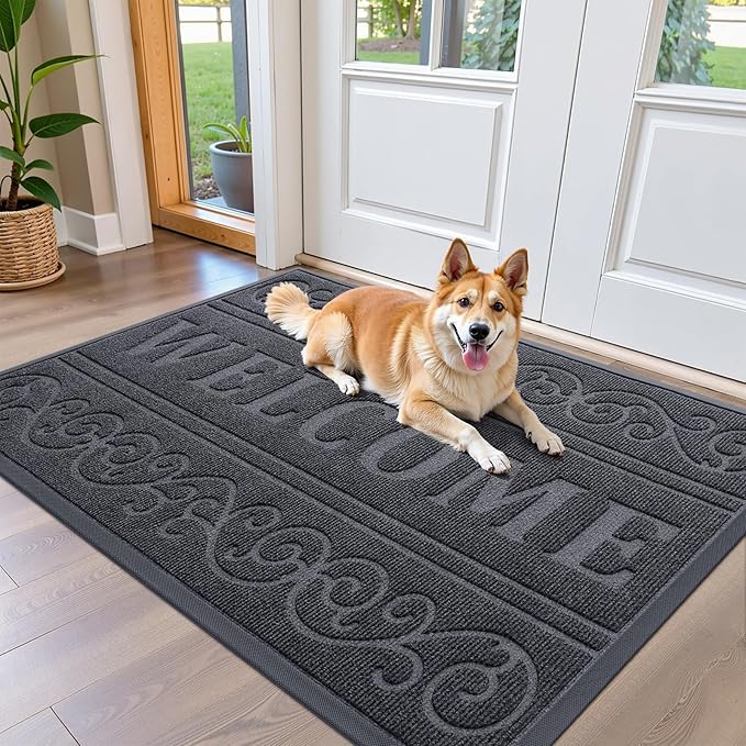 OLANLY Welcome Door Mat Indoor Outdoor Entrance, Heavy Duty Sturdy Front Door Mat, Waterproof All-Weather Doormat, Stain Resistant, Low Profile, Easy Clean Patio Entryway Mat, 47 x 32, Medium Grey