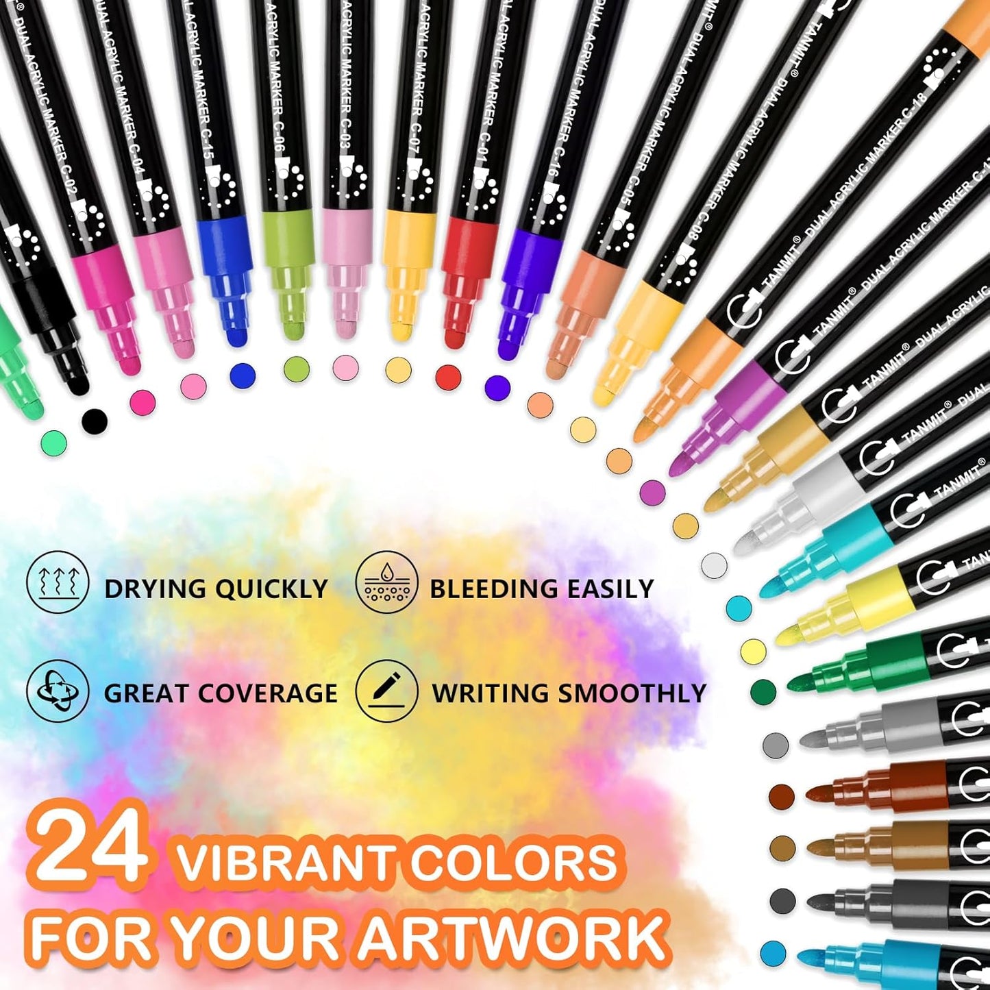 Acrylic Paint Pens Markers, 24 Colors Dual Tip Acrylic Paint Pens for Rock Painting, Wood, Canvas, Stone, Glass, Ceramic Surfaces, DIY Crafts Making Art Supplies (Round Tip and Fine Tip)