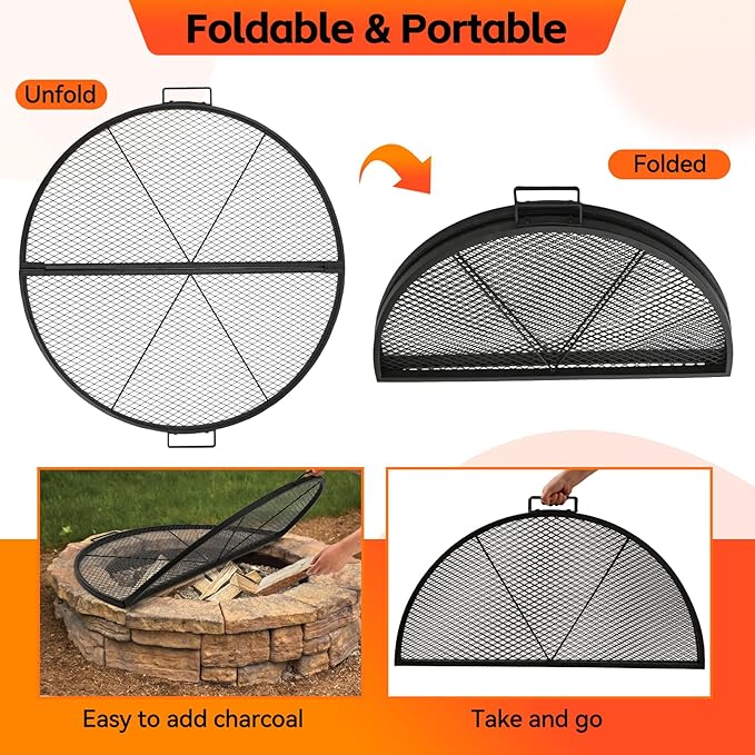 X-Marks Fire Pit Cooking Grill Grate with Support X Wire - Heavy Duty Folding Round Campfire Grill Grid - Portable Camping Cookware for Outside Party Gathering - 36 inch
