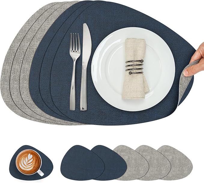 Placemats and Coasters, Washable Reversible Placemats Round Faux Leather Wipeable Place Mats Non Slip Heat Resistant Indoor Outdoor Table Mats (Set of 6, Gray Blue)