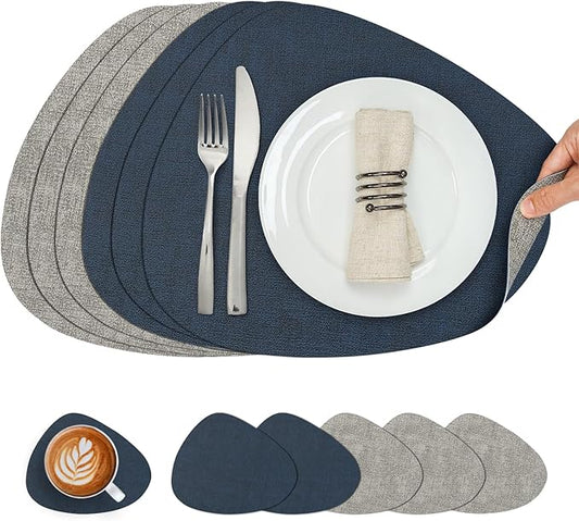 Placemats and Coasters, Washable Reversible Placemats Round Faux Leather Wipeable Place Mats Non Slip Heat Resistant Indoor Outdoor Table Mats (Set of 6, Gray Blue)