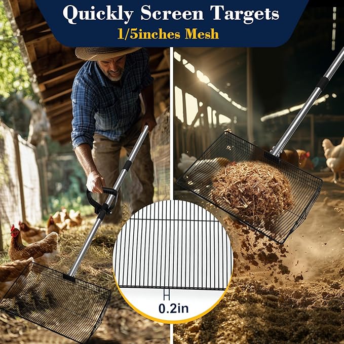 15-inch Large Chicken Poop Scooper with Adjustable Ergonomic Labor-Saving Handle(24in to 57in), Multifunctional Metal Litter Sifting Scoop Shovel for Cleaning Chicken Coop, Goat Stall, Stable