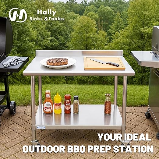 Hally Stainless Steel Table for Prep & Work 24 x 36 Inches with Caster Wheels, NSF Commercial Heavy Duty Table with Undershelf and Backsplash for Restaurant, Home and Hotel