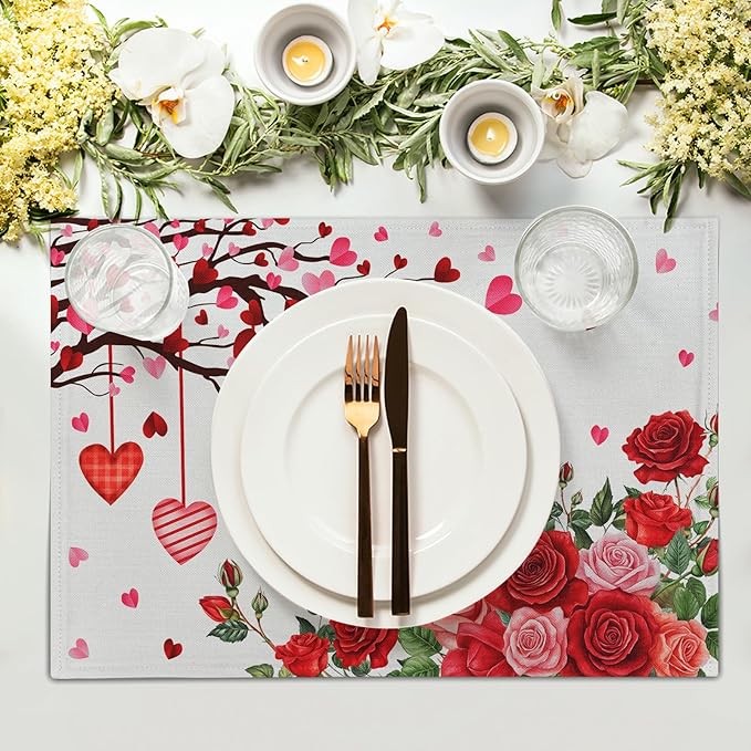 Giwawa Valentine's Day Placemats, Romantic Love Hearts Tree Branches Rose Floral Table Mat, Heat Stain Resistant Linen Place Mats for Kitchen Dining Wedding Anniversary Decor, 12"x18", Set of 4