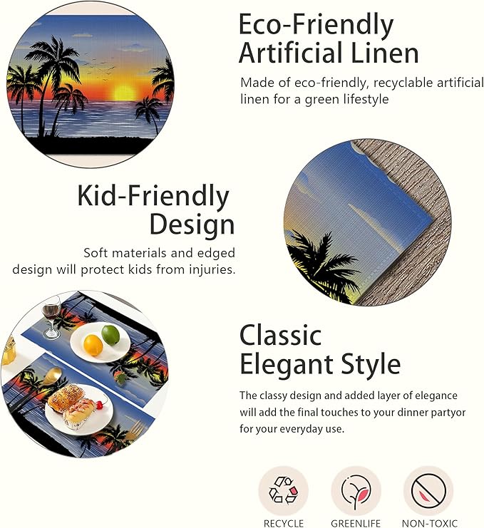 Tropical Landscape Placemats Set of 6,Palm Trees Sunset Seascape Exotic Linen Washable Kitchen Dining Table Mats Heat Resistant Place Mats for Home Party Indoor Holiday 12x18 Inch