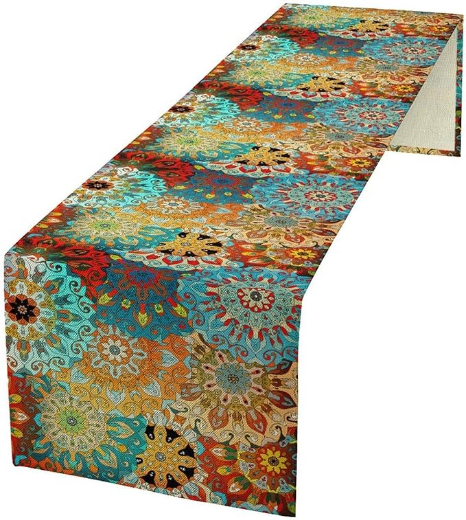 Bohemian Mandala Table Runner, Vintage Colorful Boho Geometric Floral Flower Antique Paisley Rustic Coffee Table Center Decor for Family Kitchen and Living Room Outdoor Table Decorations, 13"x36"