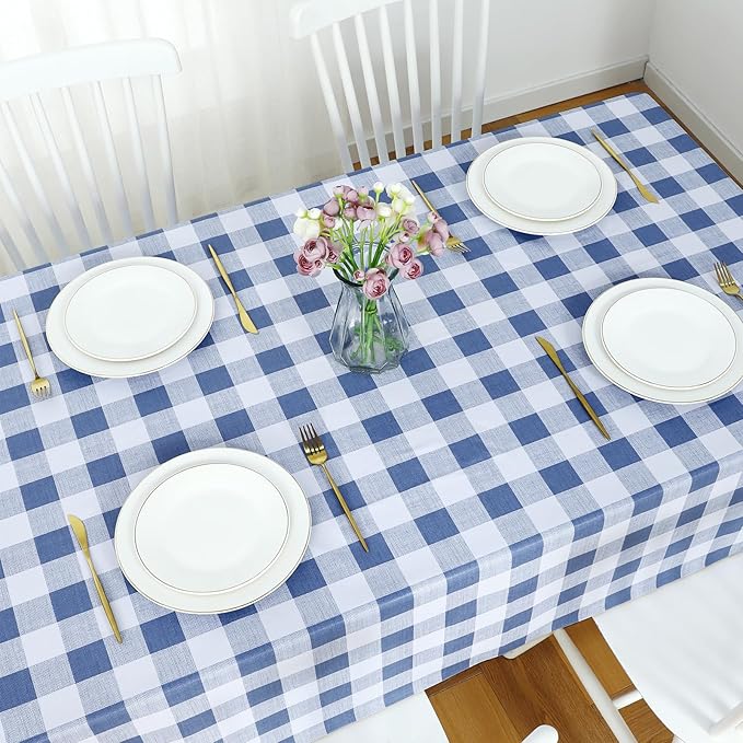 Romanstile Gingham Rectangle Plastic Tablecloth, 100% Waterproof Checkered PVC Table Cloth, Heavy Duty Vinyl Table Cover for Dining, Camping, Picnic, Outdoor - 54 x 120 Inch, Light Blue and White