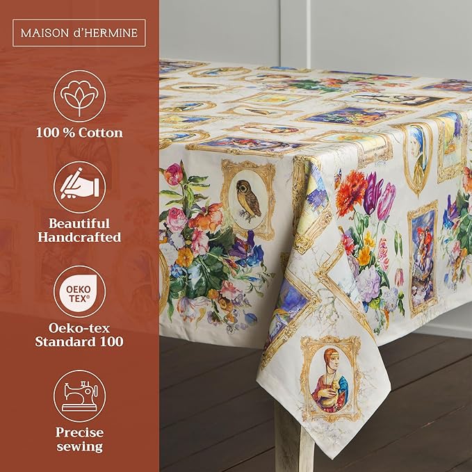 Maison d' Hermine Table Cloth Rectangle Table 100% Cotton 60 x 108 Inches Tablecloth Reusable Decorative for Dining Room, Farmhouse, Home, Party, Festive & Wedding Spring Summer - Masterpiece