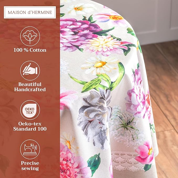 Maison d' Hermine Table Cloth Round Table 100% Cotton 69 Inches Tablecloth Reusable Decorative Everyday Use for Dining Room, Farmhouse, Home, Party, Festive & Wedding Spring Summer - Pivoine