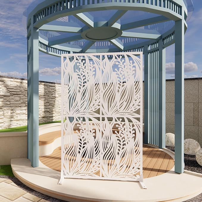 Metal Privacy Screen Room Divider 72" H x 45.3" W, Free Standing Decorative Panel with Bird Design for Indoor Outdoor Use, Black Iron Partition for Patio Balcony Garden (Leaf White)