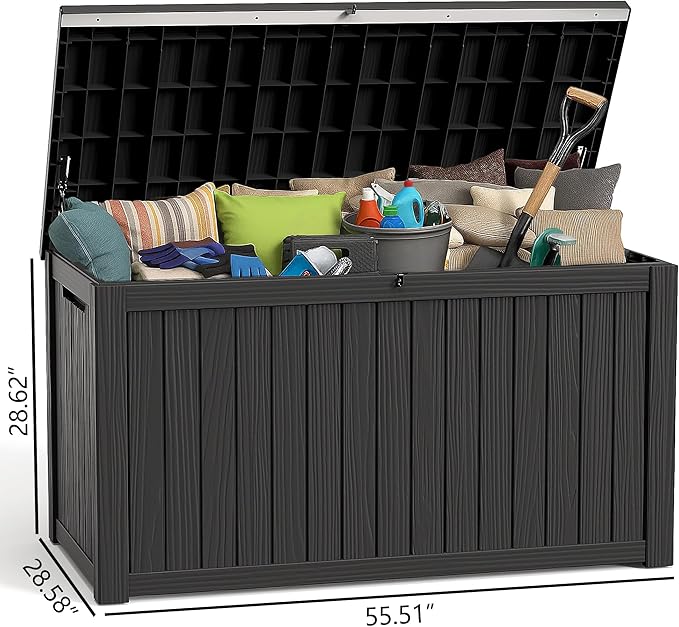 EasyUp 200 Gallon Outdoor Storage Box Waterproof, UV Resistant Resin Deck Box with Hydraulic Rod, Reinforced Stability for Patio, Garden, and Pool, Striped Black