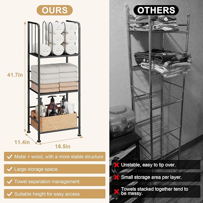 Towel Rack Free Standing 3-Tier M-Shaped Detachable Dividers, Durable Metal Holder, Pool Towel Rack, Space-Saving Towel Storage Organizer, Modern Bath Towel Shelf for Home, Poolside, Black