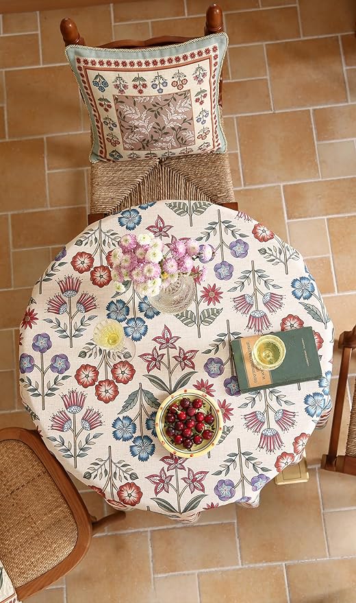 French Linen Small Round Tablecloth,Vintage Colorful Multiple Prints Soft and Durable Tablecloths,Decor Table Cover for Kitchen,Dining,Party,Thanksgiving,Christmas,Diameter 55"-Lohi