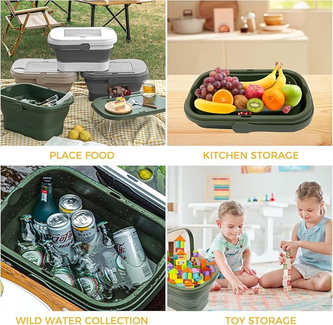 Picnic Basket for 2 Person, Foldable Bucket with Lid and Handles, Portable Outdoor Storage Bucket, 18 Liters, Ideal for Camping、Outdoors and Car Trunks (Green)