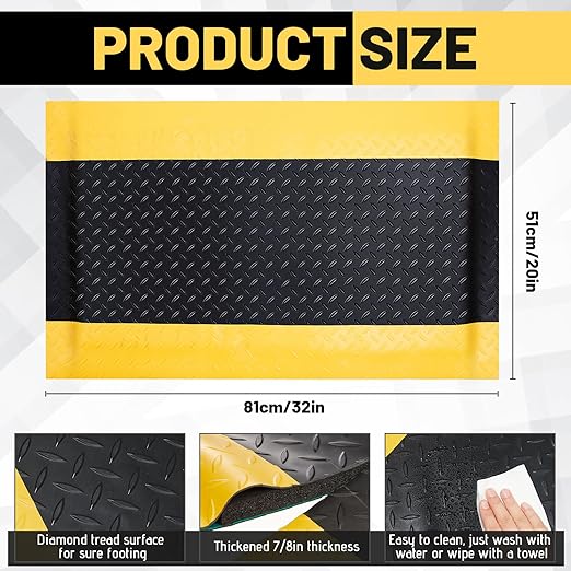 Timgle Anti Fatigue Mats Industrial 1.67 'x 2.5' Heavy Duty Commercial Grade Diamond Plate Vinyl Non Slip Safety Ergonomic Floor Mat Black with Yellow Border 7/8 Inch Thick Sponge for Work Stand