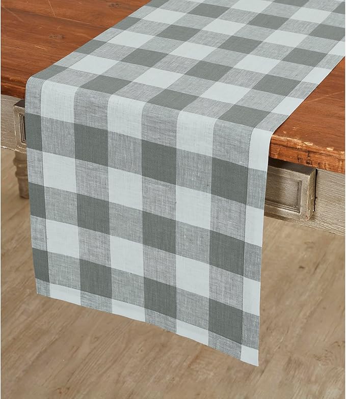 Solino Home Linen Checkered Table Runners 72 Inches Long - 100% Pure Linen Grey and White Buffalo Check Table Runner 14 x 72 Inch Ideal for Dresser, Dining, Spring, Easter