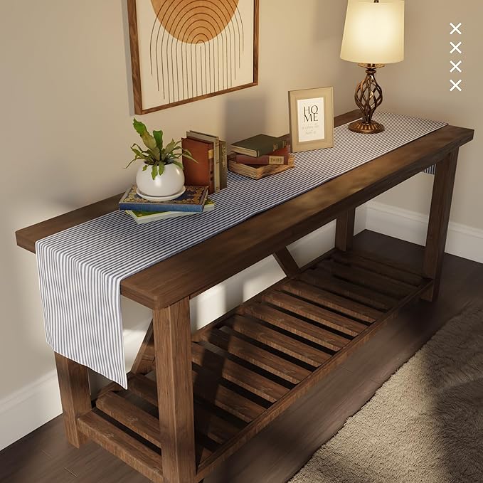 Encasa XO Cotton Dining Table Runner | Ticking Navy Blue | Size 13x59 in - Machine Washable & Durable