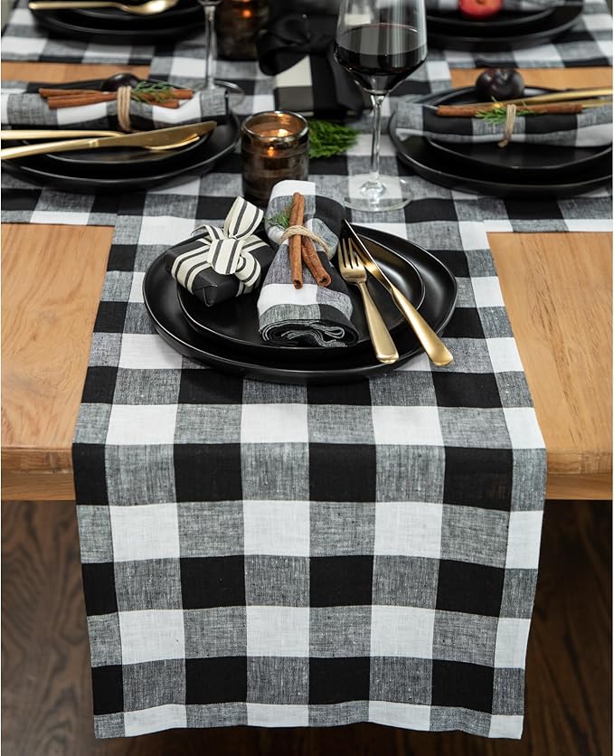 Solino Home Linen Checkered Table Runner 108 Inches Long - 100% Pure Linen Black and White Buffalo Check Table Runner 14 x 108 Inch Ideal for Dining