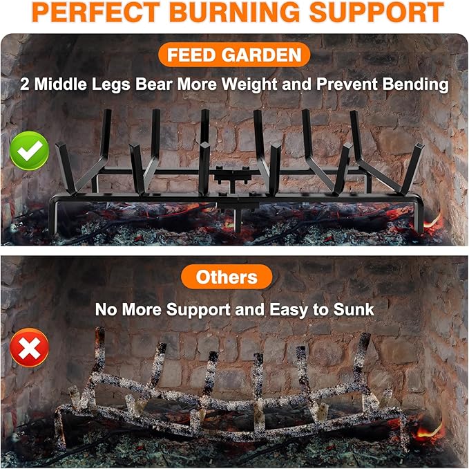 FEED GARDEN Fireplace Grate 24 inch Heavy Duty Fireplace Log Holder, 1/2" Solid Steel Bar Fire Pit Grate for Indoor Outdoor, Wood Stove Fireplace Accessories Wrought Iron Firewood Burning Rack