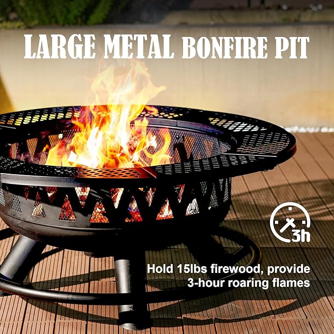36 Inch Fire Pit with 2 Grills, Large Outdoor Firepits for Outside, Wood Burning Fireplace for Camping,Picnic,Bonfire, 3-in-1 Round Metal Table with Lid for Backyard,Patio,Party