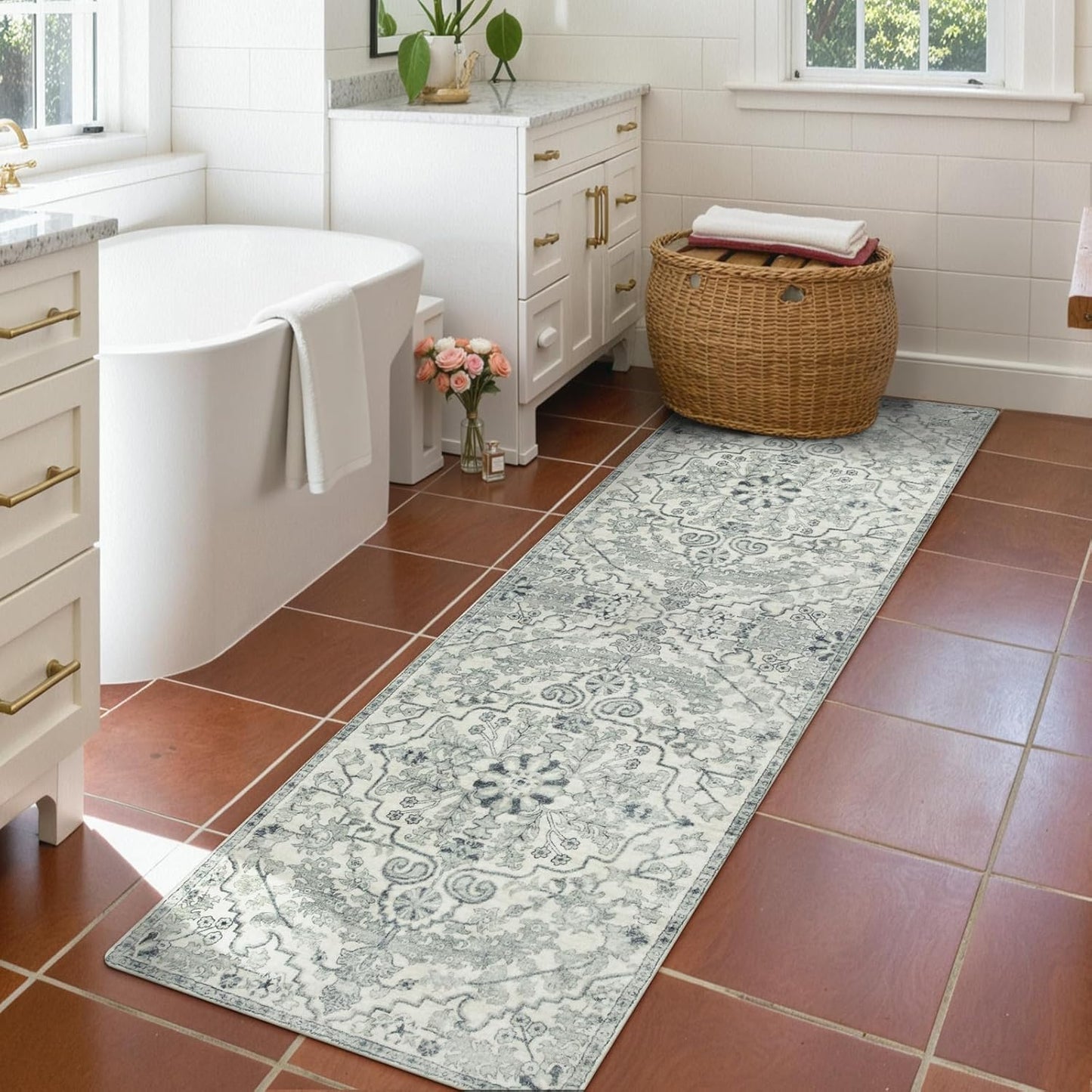 Lahome Washable Runner Rugs with Rubber Backing, 2x7 Hallway Runner Rug Soft Kitchen Carpet Runner, Bohemian Non-Slip Low Pile Printed Throw Rug Runners for Bathroom Bedside RV, Beige