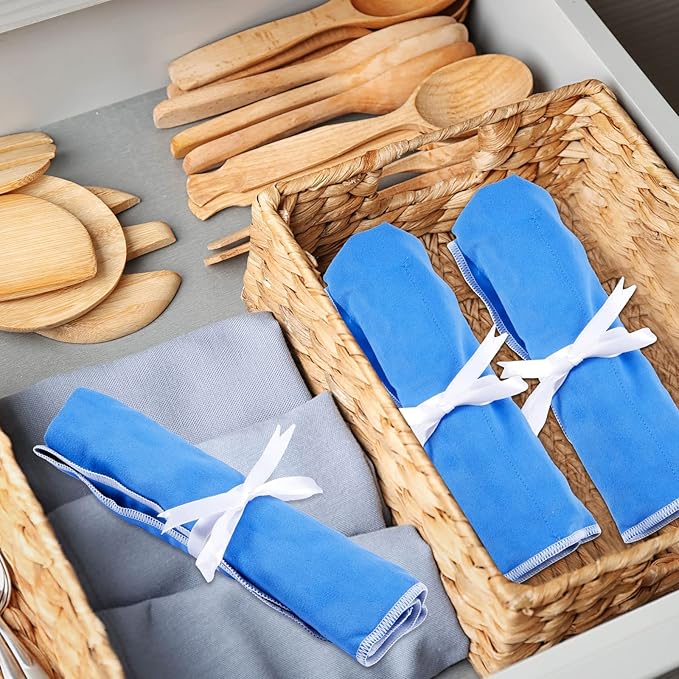 Weewooday Silver Storage Bags Anti Tarnish Silver Protector Bags Blue Holder for Silverware Flatware Storage Organizer Cloth Place Setting Roll with White Ribbon for Teaspoon Utensils(4 Pieces)