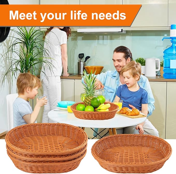 4 Pack 15.7 Inch Oval Poly Wicker Baskets, Plastic Oval Wicker Baskets, Rustic, Durable & Easy-Cleaning Wicker Bread Basket, for Home, Restaurant & Hotel Use, Brown