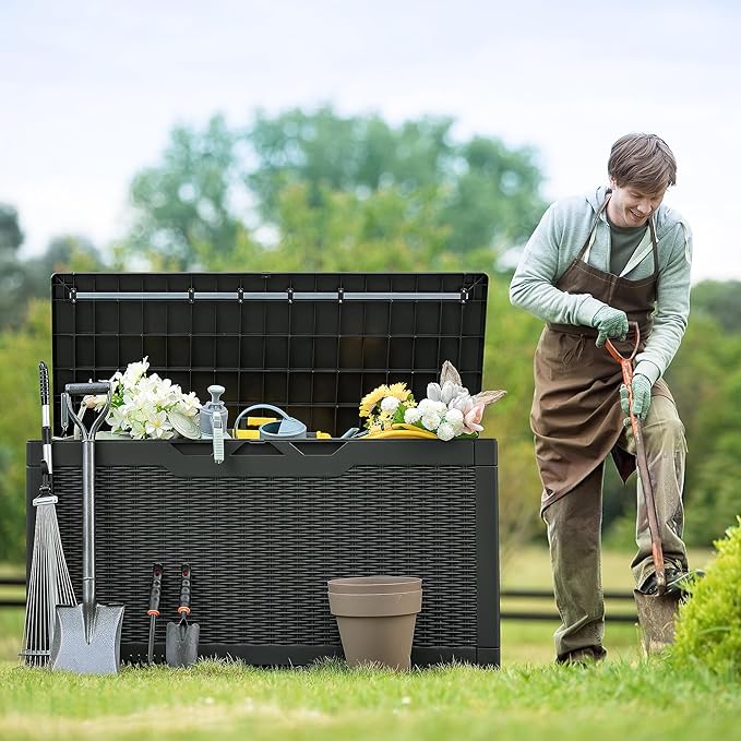 Flamaker Outdoor Storage Box 100 Gallon Waterproof Resin Deck Box Delivery Box with Air Rod Indoor Outdoor Lockable Storage Bench for Patio Cushions, Tools, Pool Accessories (Black)