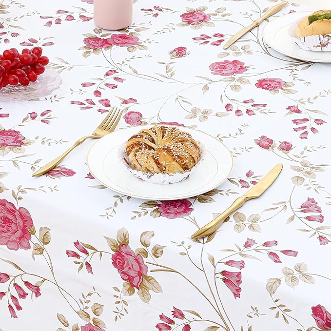 misaya Rectangle Waterproof Vinyl Table Cloth, Plastic Tablecloth with Flannel Backing, Wipeable Table Cover for Dinner, Picnic, Indoor and Outdoor (Pink Flowers, 52" x 70")