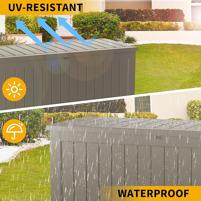 270 Gallon Resin Deck Box, Waterproof Outdoor Storage Box for Patio Furniture Cushions, Garden Tools, and Pool Accessories, Large Lockable UV-Resistant Storage Bin Bench Cabinet for Outside, Grey