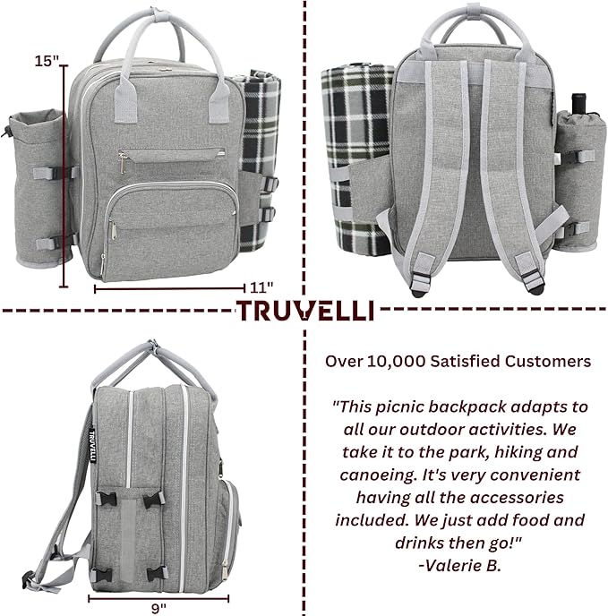 Truvelli Picnic Backpack for 4 with Blanket – 12-in-1 Insulated Picnic Basket Backpack Set with‬ Wine Holder, Cheese Board & Cutlery – Premium Picnic Back Pack for Family & Group‬ Adventures, Gray