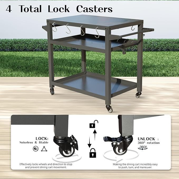 Domi 3-Tier Outdoor BBQ Grill Cart with Lockable Wheels | Portable Pizza Oven Stand & Food Prep Station | Compatible with Blackstone Griddle & Propane Tanks | All-Weather Patio Cooking cente