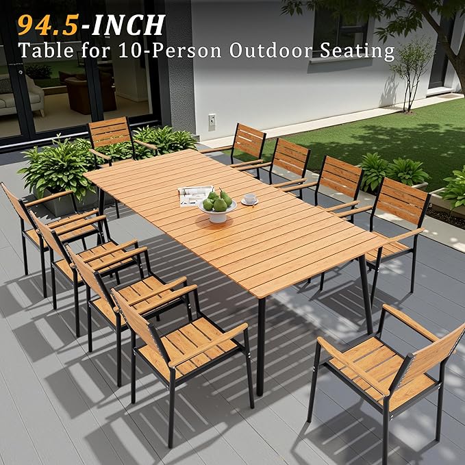 95" Patio Outdoor Dining Table for 8-10, Weather-Resistant Wood-Grain Top with Aluminum Frame & Umbrella Hole for Deck Gatherings, Brown