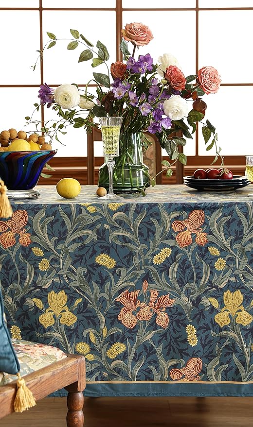 patdrea Designer Vintage Dark Blue Linen Rectangle Tablecloth,French Rustic Floral Pattern Tablecloths,Decorative Table Cover Cloth for Kitchen,Dining,Tea Party,Home,Christmas,63"*87"
