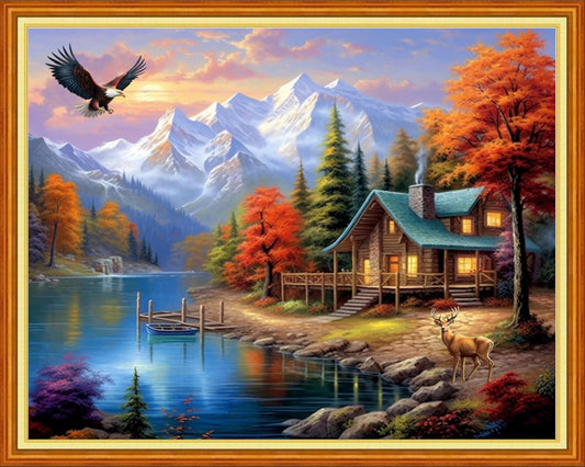 Foxdiviy Stamped Cross Stitch Kits for Beginners Full Range of Cross Stitching 11 CT Printed Cross Stitch Kits for Kids Adults Cross Stitch Patterns Needlepoint Kits-Lakeside Scenery 16x20 inch