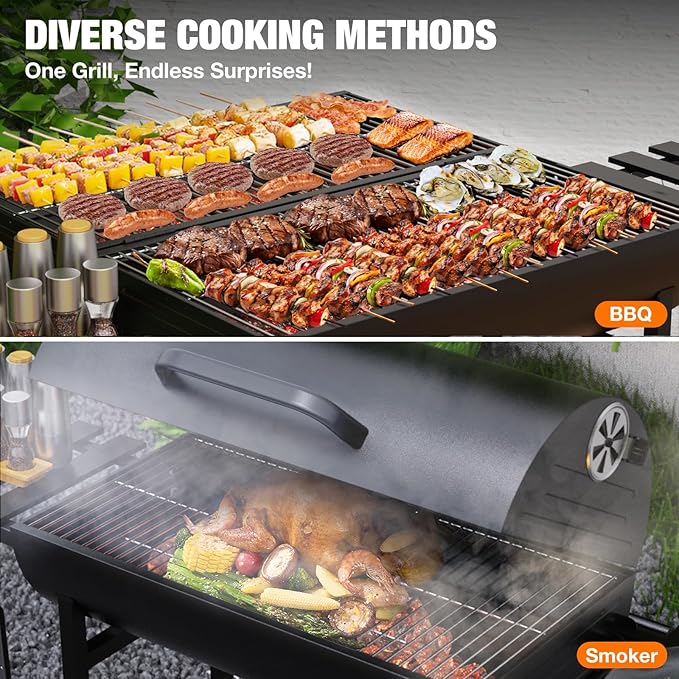 Extra Large Charcoal Barbecue Grill, 871 Sq. In. Cooking Space, Outdoor Barrel BBQ Grill with 2 Foldable Side Tables for Outdoor Backyard Patio Picnic Parties Camping, Black