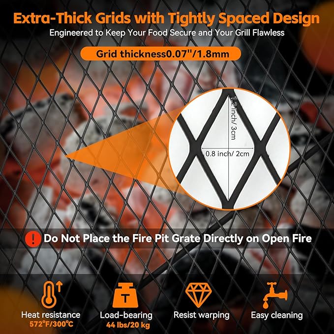 X-Marks Fire Pit Cooking Grill Grate with Support X Wire - Heavy Duty Folding Round Campfire Grill Grid - Portable Camping Cookware for Outside Party Gathering - 36 inch