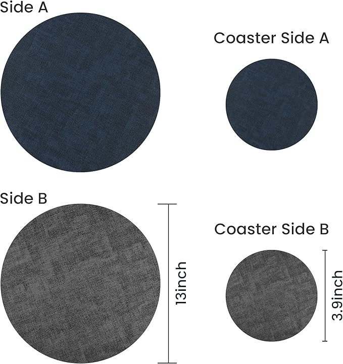 13-Inch Faux Leather Round Placemats Set of 8, Waterproof Anti-Slip Dual Sided Place mats, Heat Resistant Washable Table Mats with Coaster, Suitable for Indoor & Outdoor (8, Black Navy Blue)