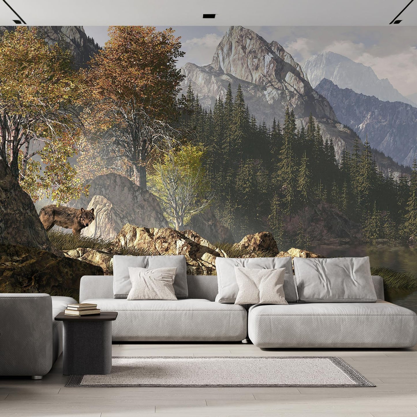 wall26 Wall Sticker/Wall Mural Wolf Near a Lake in a Rocky Mountain Landscape, Not Peel and Stick, Non-Woven Wallpaper Decorative for Bedroom, Living Room, Office - 132x168 inches