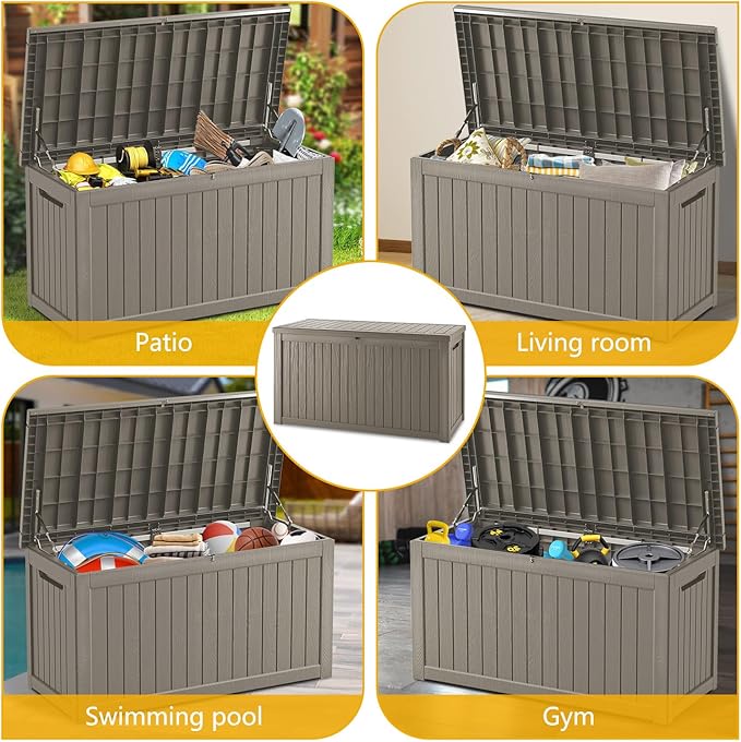 200 Gallon Deck Box, Resin Outdoor Indoor Waterproof Storage Box, Lockable Storage Box With Handle for Patio Furnitures - Garden Tools - Swimming Pool Tools UV Resistant (Grey, 200Gal)