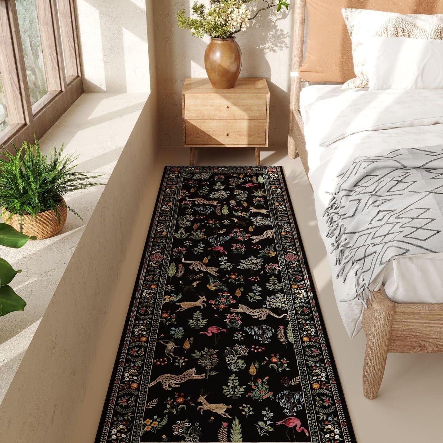 Rugcomf Runner Rug for Kitchen Rug Non Slip 2'x6' Washable Rugs with Rubber Backing Soft Floral Animal Carpet Runner for Kitchen, Laundry, Bedroom, Bathroom (Black)