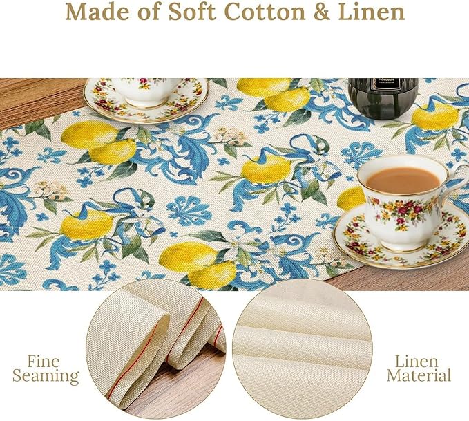Lemon Flower Table Runner, Summer Fruit Sicilian Style Table Runner for Indoor Outdoor Kitchen Home Party Holiday Dining Table 13x108in